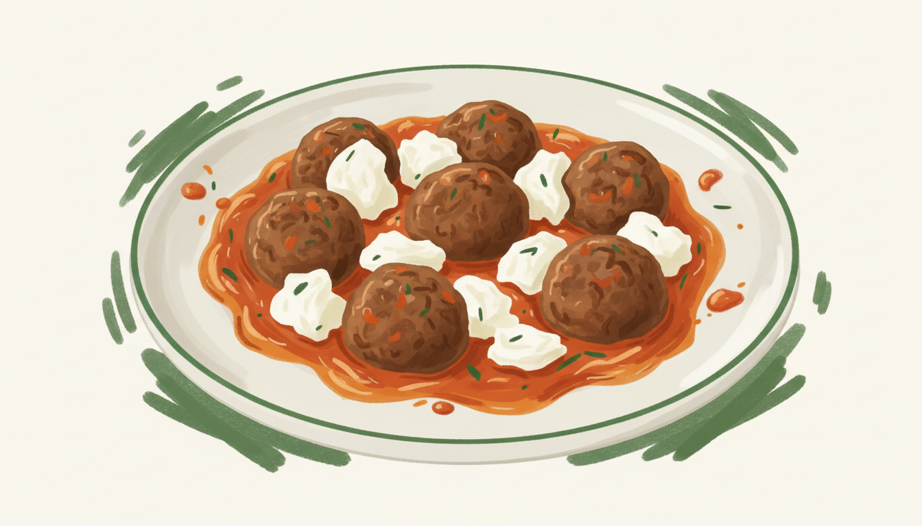 Illustration af kødboller i ajvar-tomatsauce med mozzarella
